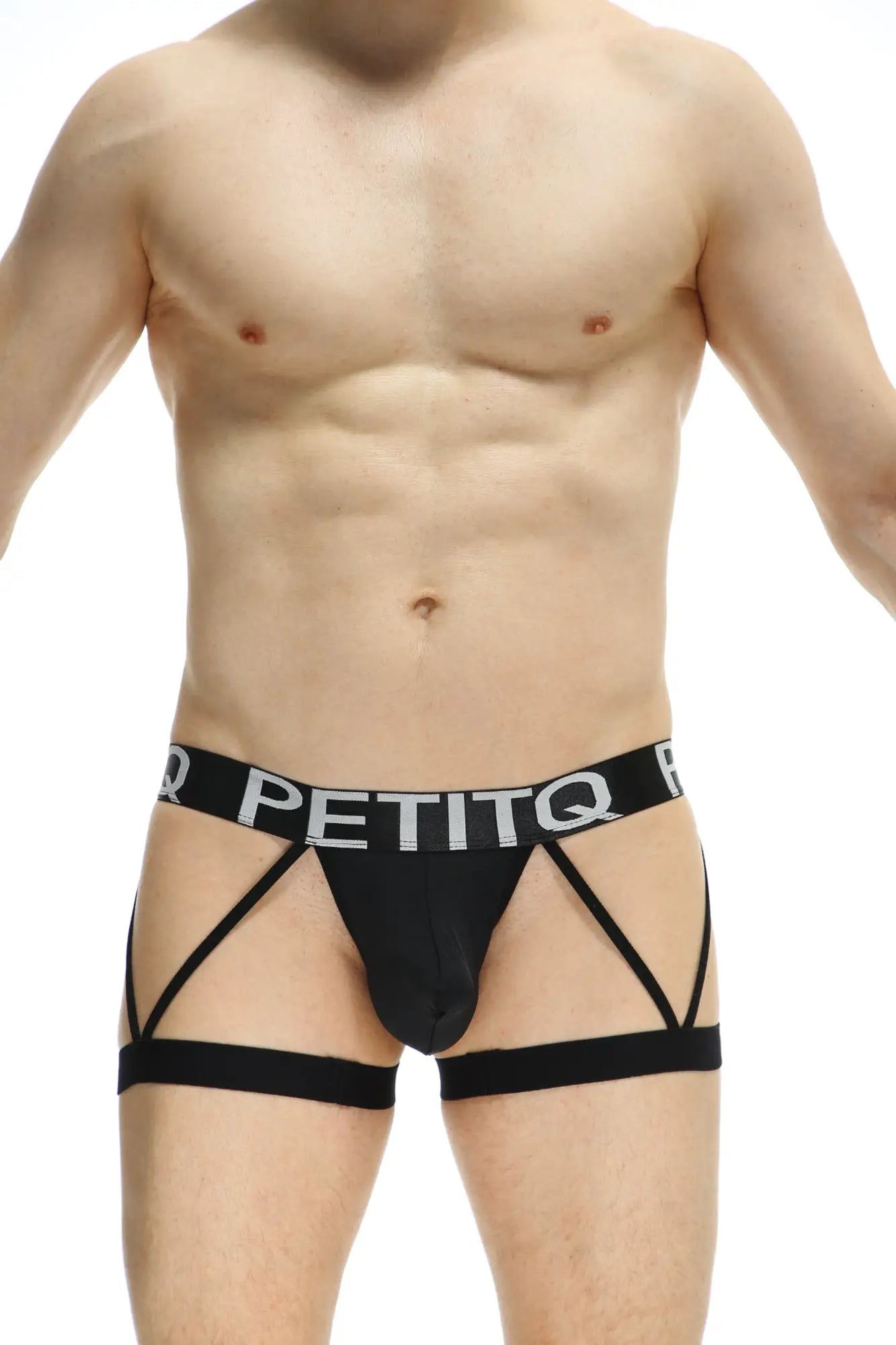 Black petitq boxer nanthiat men’s briefs with strappy crisscross design and white logo waistband