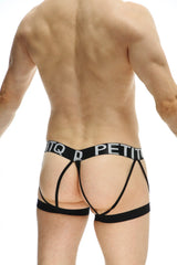 Black petitq brand thong with strappy crisscross design from petitq boxer nanthiat black collection