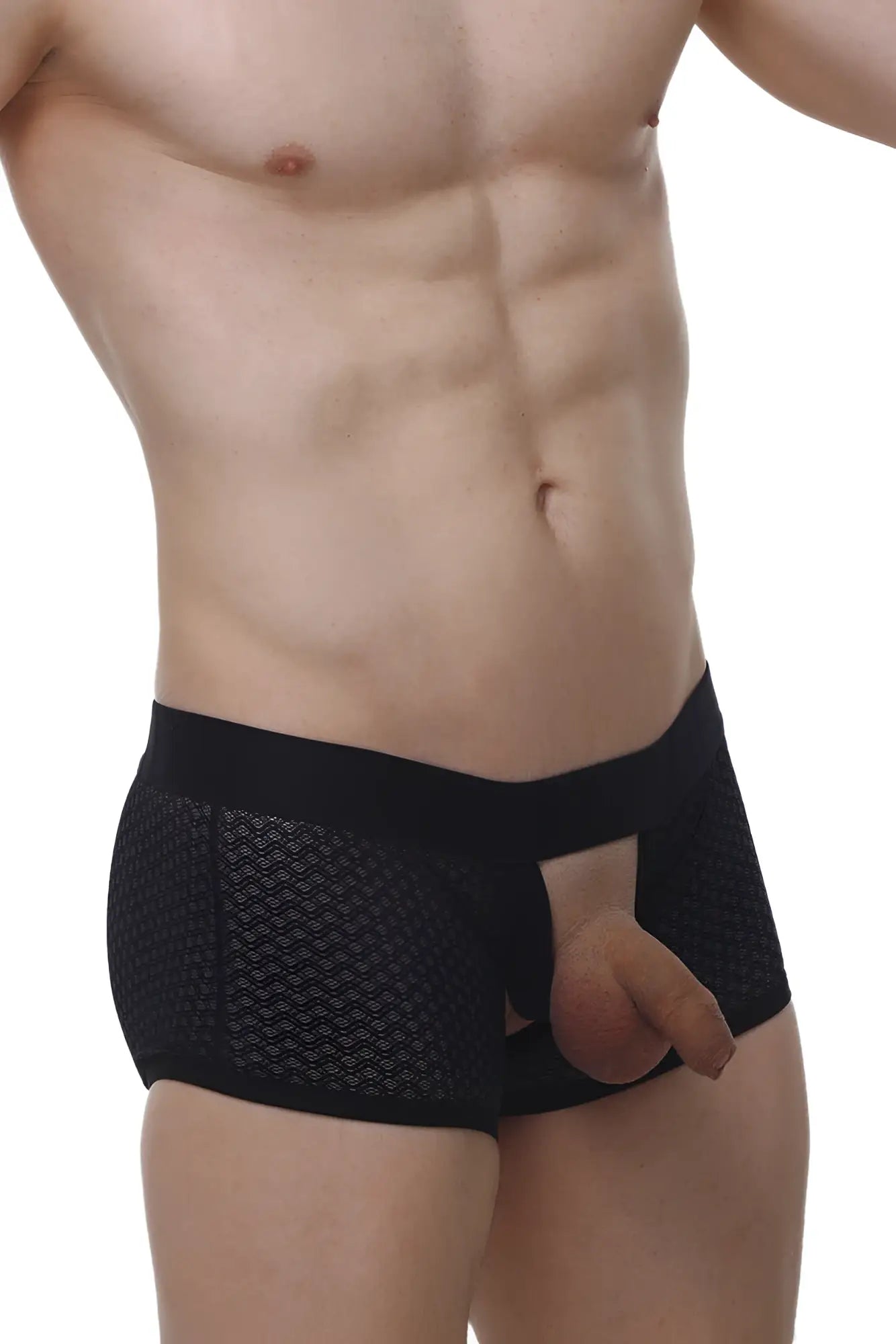 PetitQ boxer Olloix Macra black mesh briefs with solid waistband and open front design for men