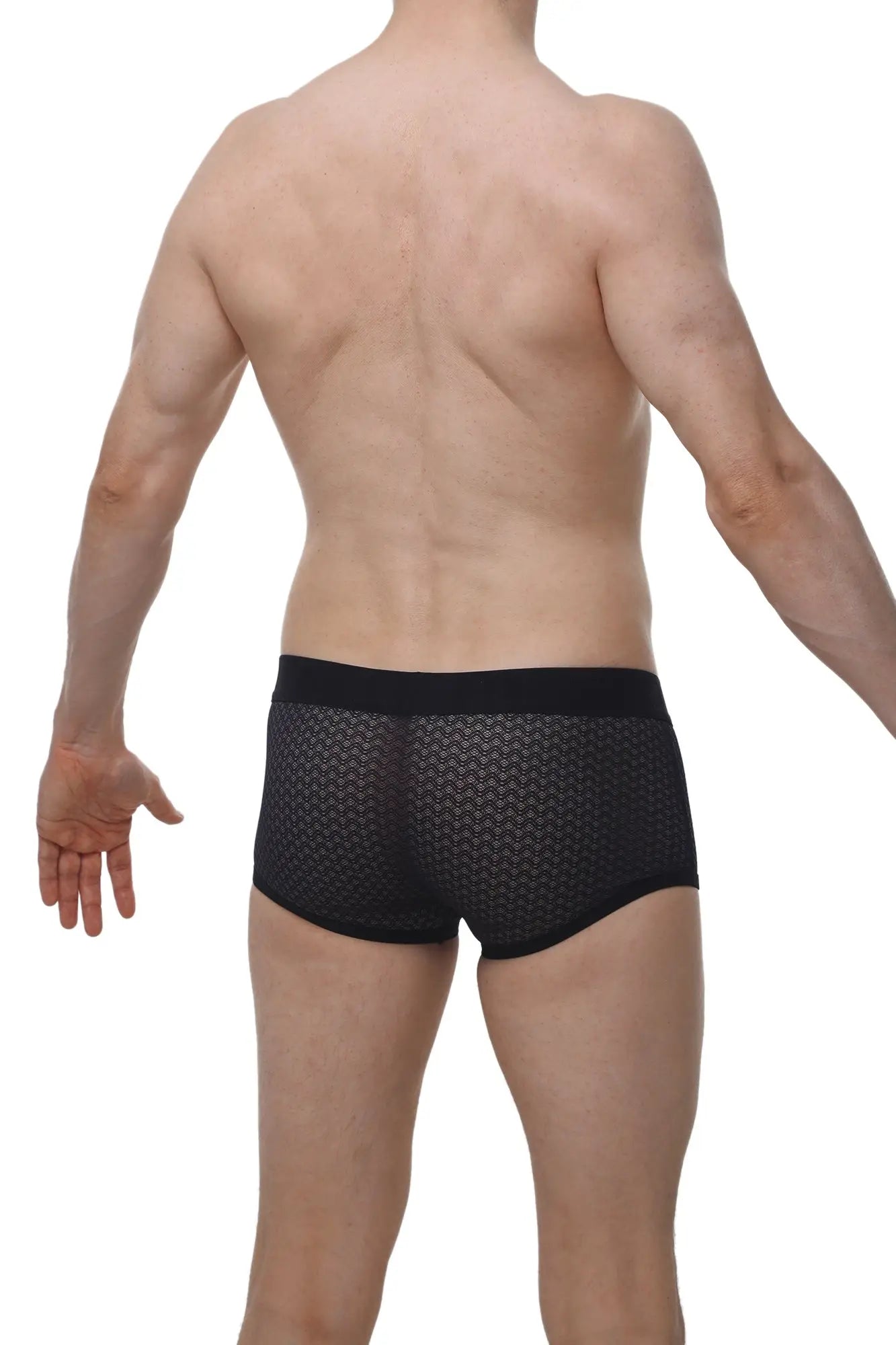 PetitQ boxer Olloix Macra black mesh briefs with subtle geometric pattern and solid black waistband
