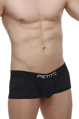 Black mesh petitq boxer oncieux bee briefs with white logo waistband designed for comfortable everyday wear