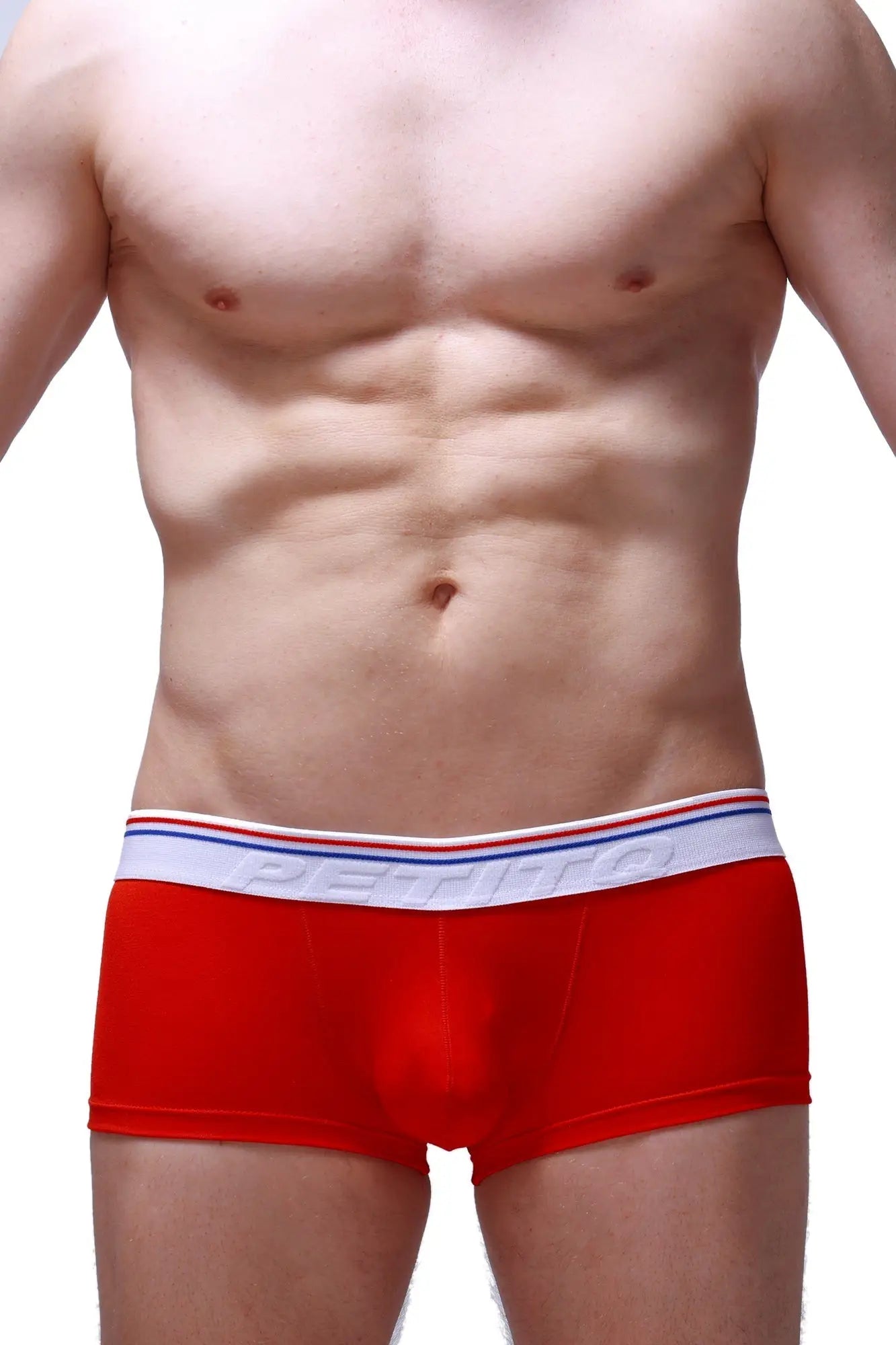 Red men’s petitq boxer push-up briefs with white waistband striped red blue and petitbag brand logo in gray