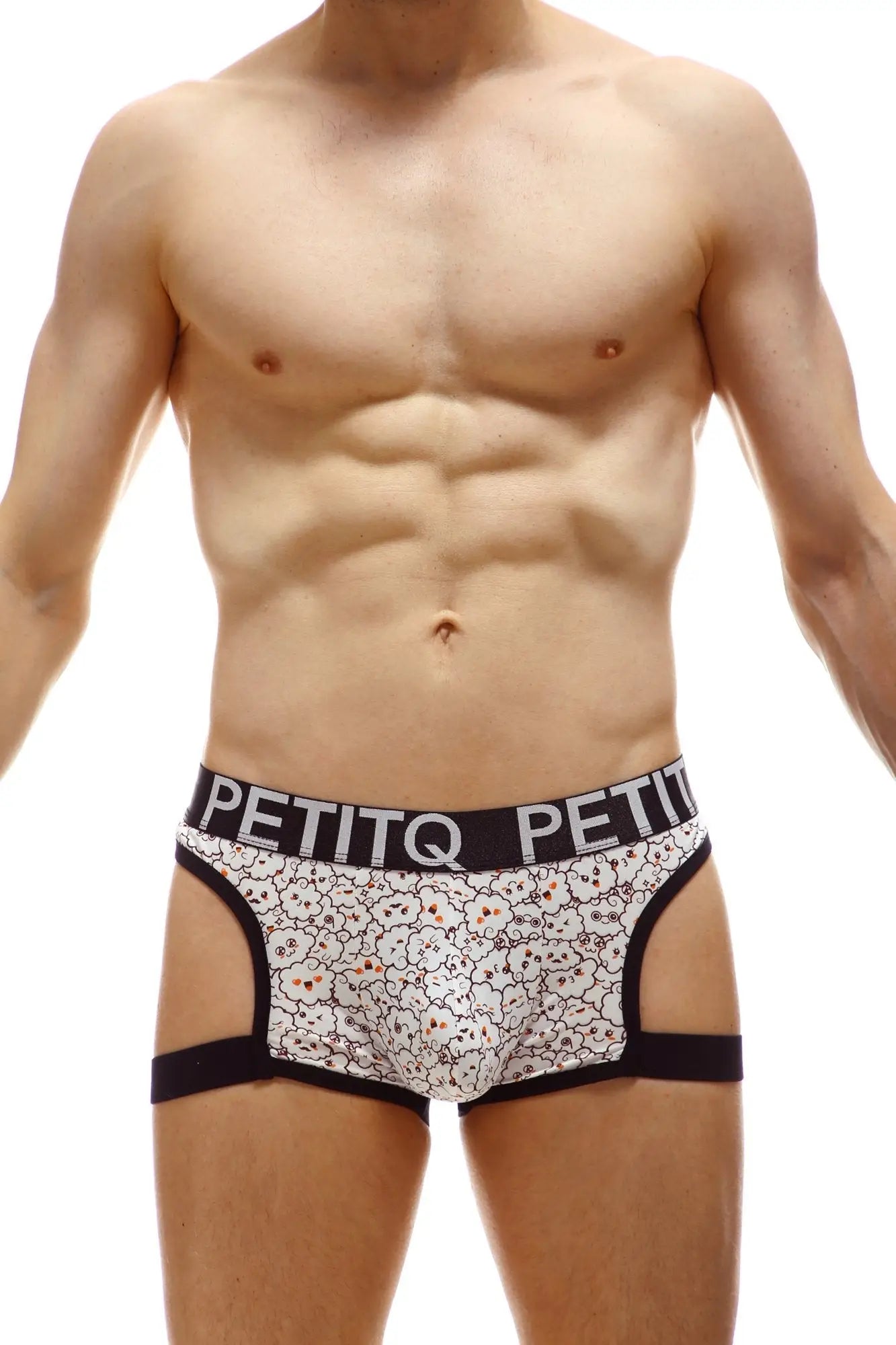 White petitq boxer renno nuage briefs with black waistband and small cartoonish skulls pattern on fabric