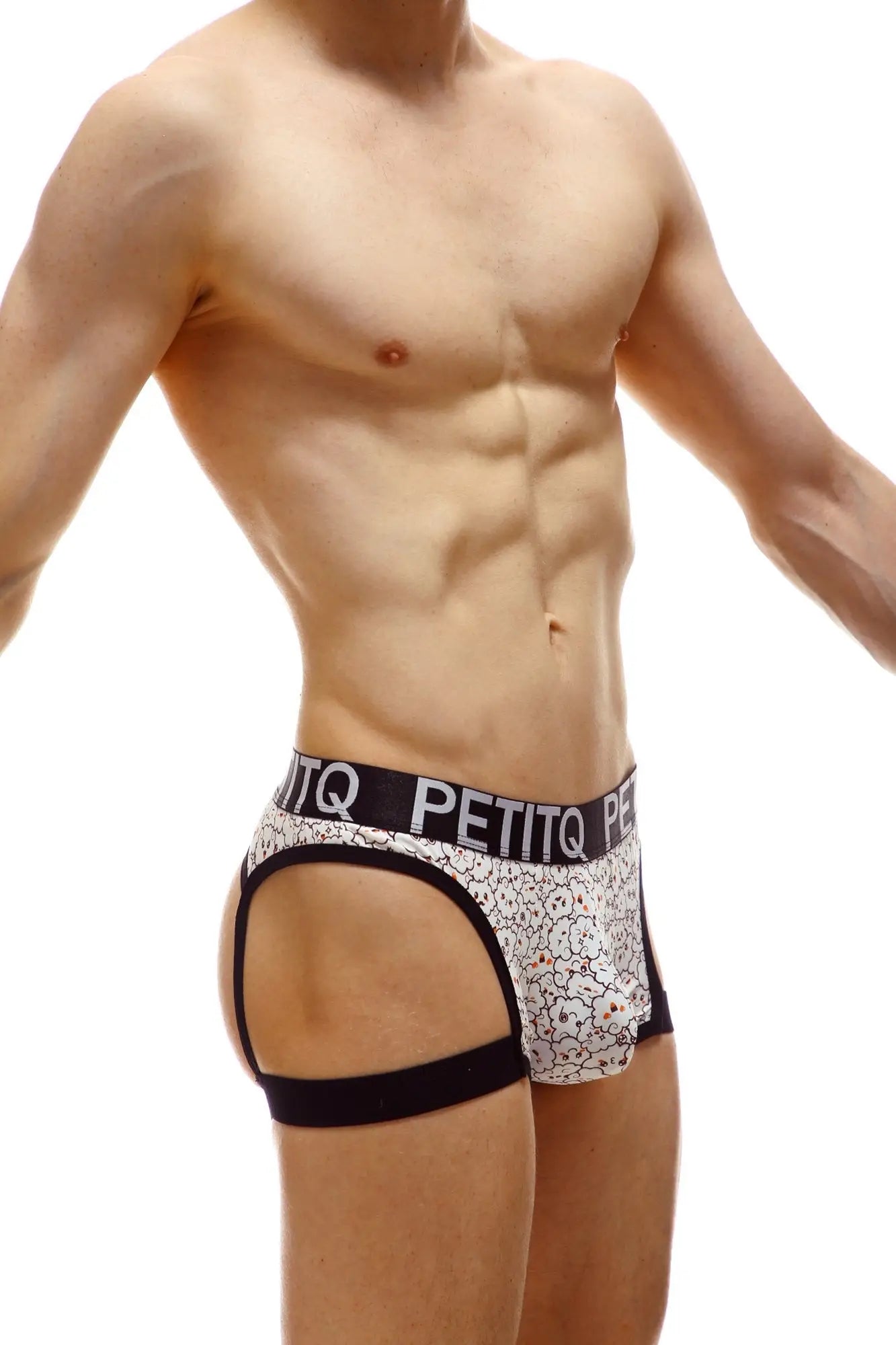 PetitQ boxer Renno Nuage white floral-patterned men’s briefs with black trim and branded waistband front view