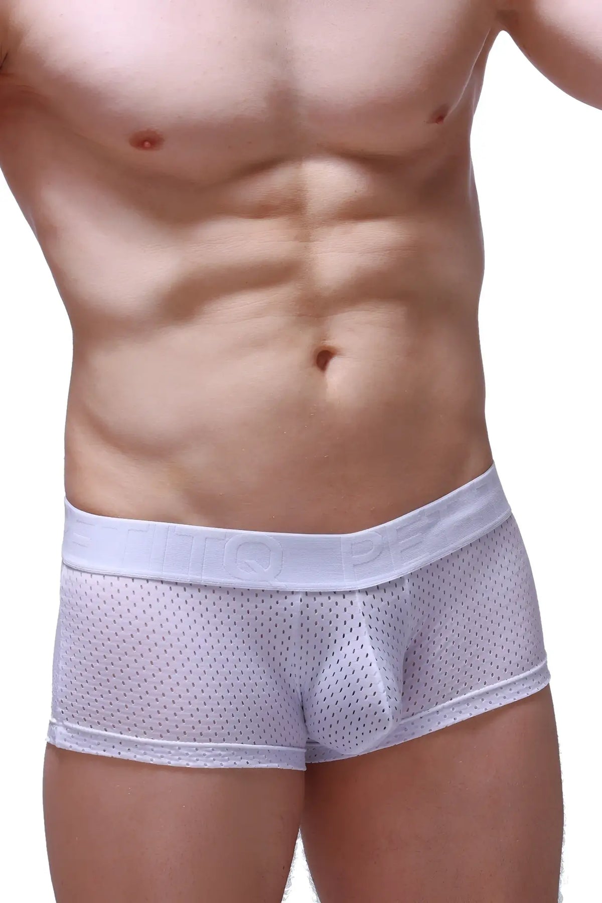 White mesh boxer briefs with a solid white elastic waistband featuring embossed lettering from boxer reotier bee white
