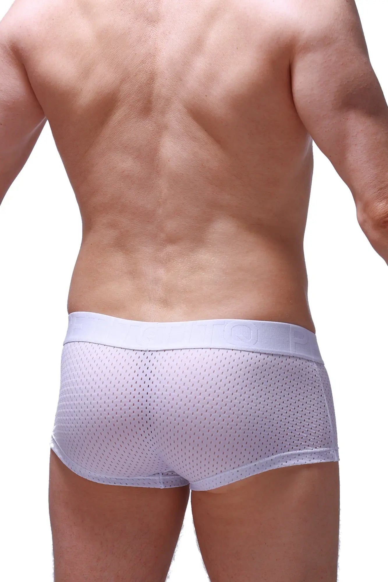 White mesh boxer briefs with solid waistband from boxer reotier bee white collection front view