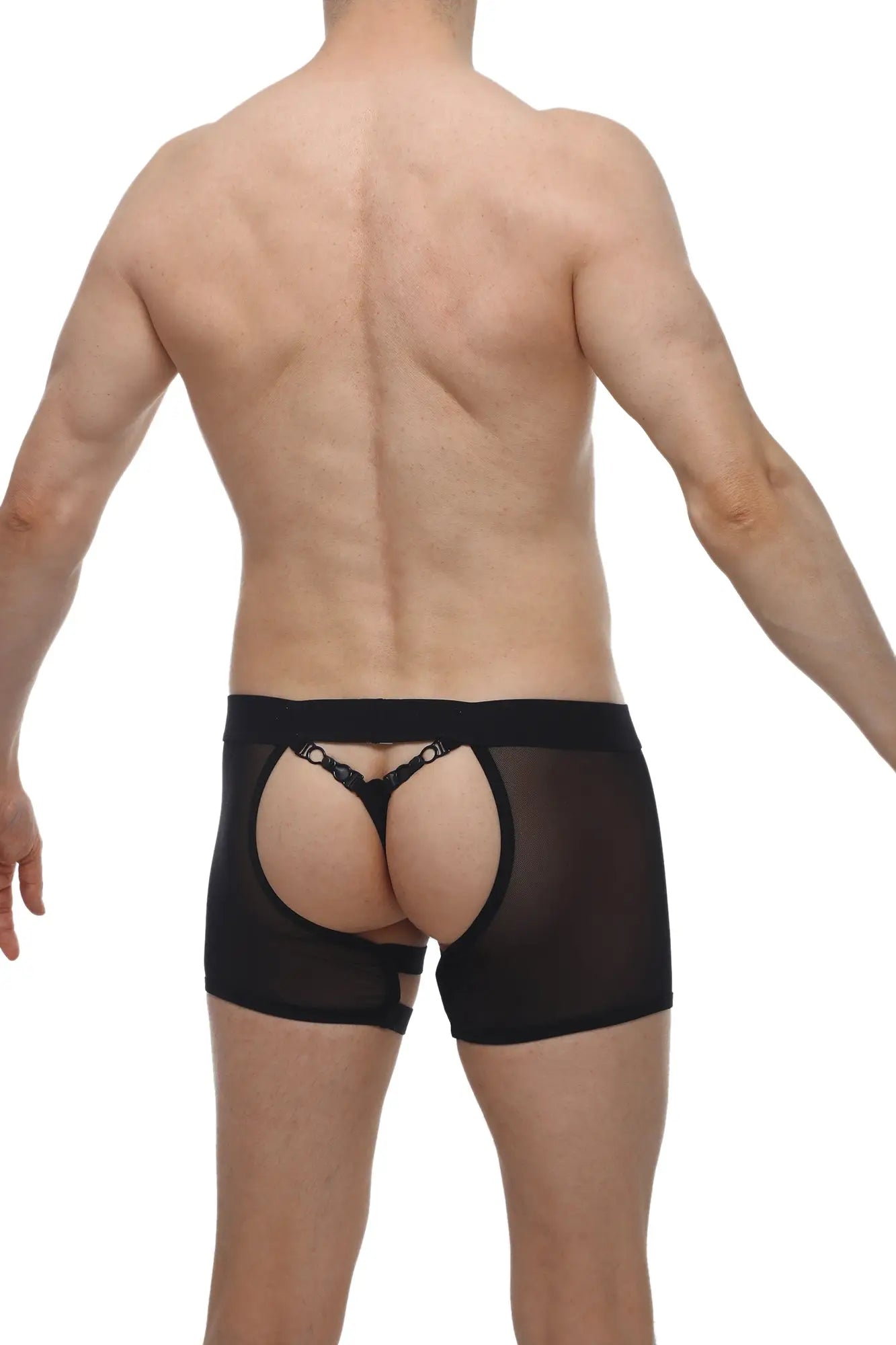 Back side of petitq boxer string garter angy black black sheer mesh briefs with lace-trimmed open rear design