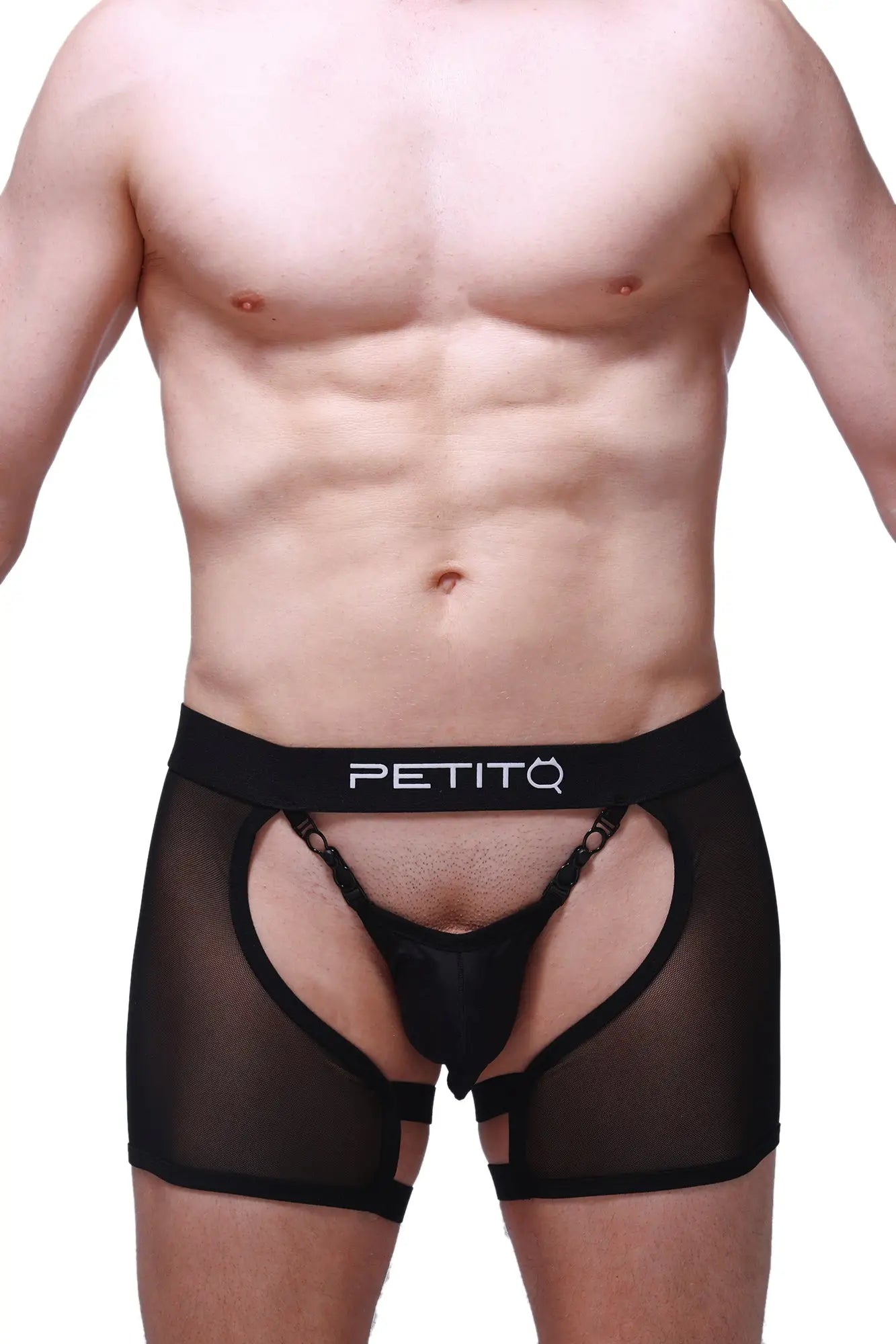 Black sheer mesh briefs with solid black waistband featuring petitq logo in white from petitq boxer string garter angy black