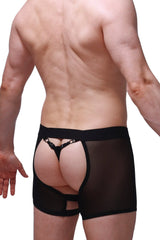 Petitq boxer string garter angy black sheer mesh briefs with solid waistband and back straps with metallic hardware viewed from back