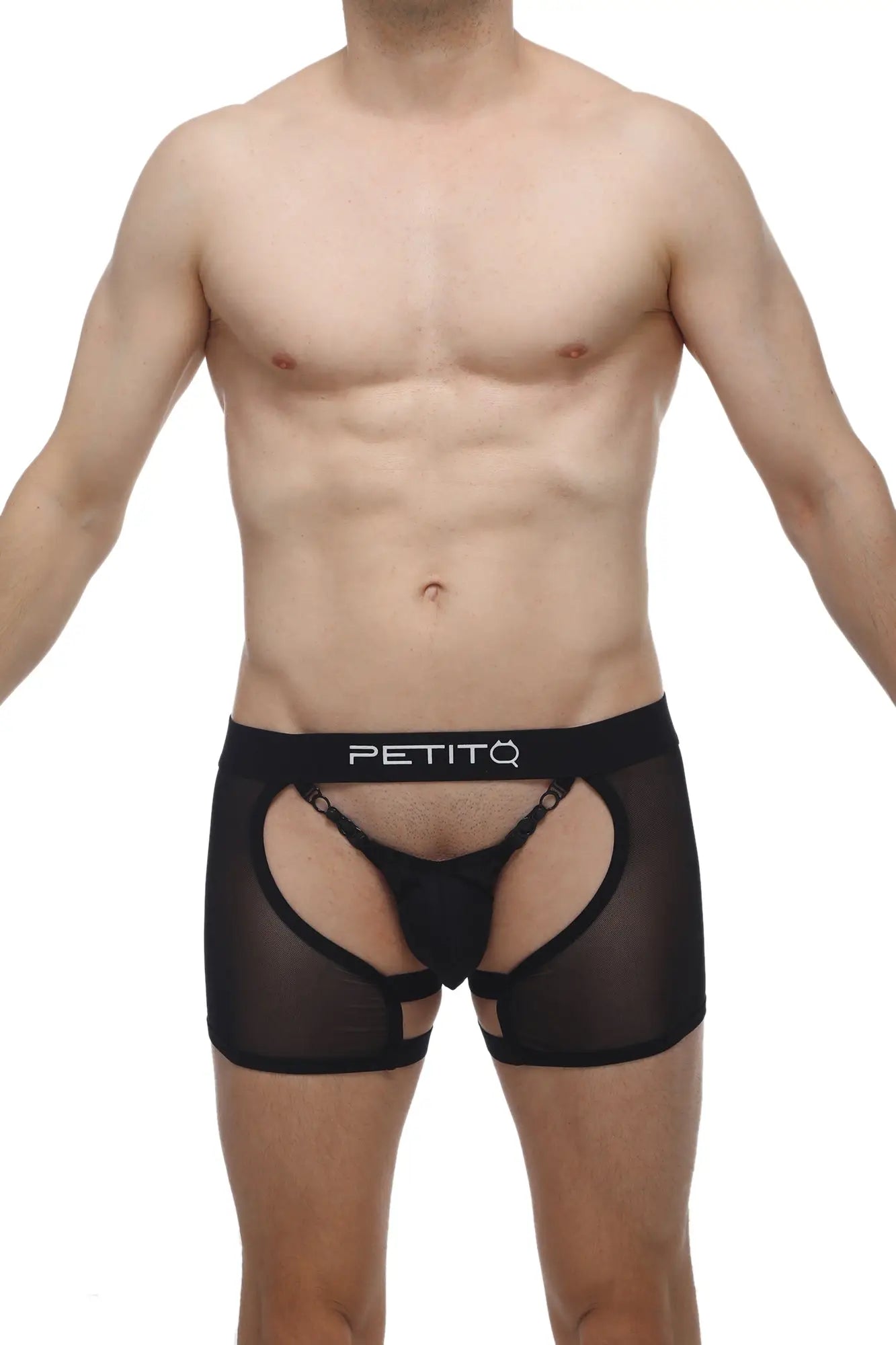 Black sheer mesh briefs with solid black petitq branded waistband in the front from petitq boxer string garter angy black