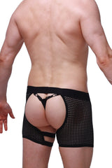 Black mesh petitq boxer string garter angy durtol briefs with backless design and adjustable straps back view