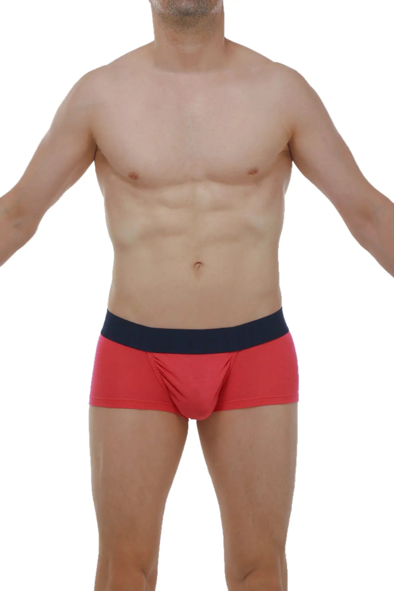 Red men’s briefs with navy blue waistband made from taik modal fabric by petitq in fuchsia color