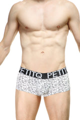 White men’s briefs with black and white stylized face pattern and petitq logo on the waistband petitq boxer visage