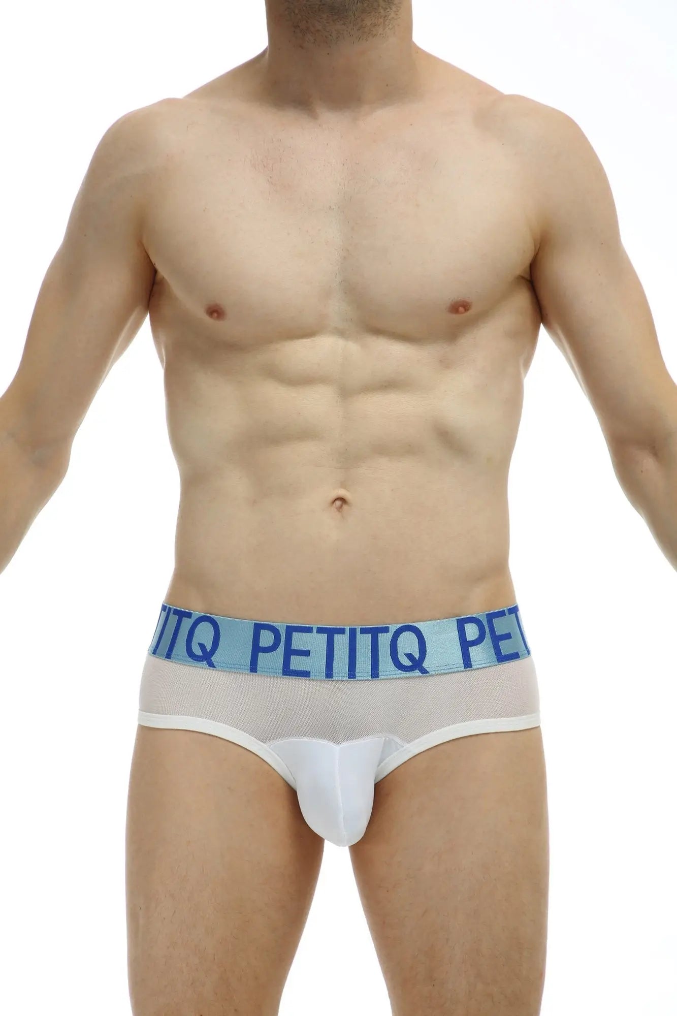 White PetitQ men’s briefs with a light blue elastic waistband featuring the brand name in bold lettering