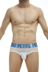 White PetitQ men’s briefs with a light blue elastic waistband featuring the brand name in bold lettering