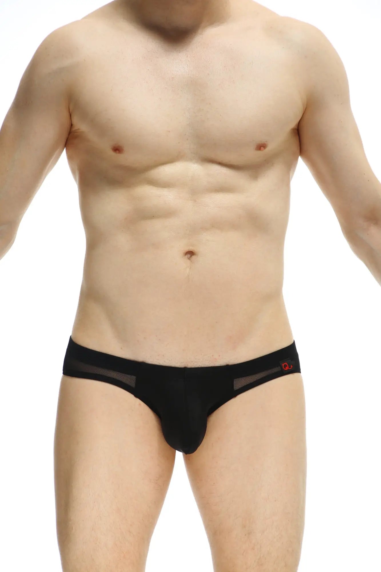 Petitq brief aubiac black mens briefs with sheer mesh panels and small red logo on waistband