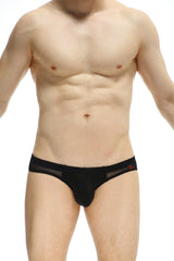 Petitq brief aubiac black mens briefs with sheer mesh panels and small red logo on waistband