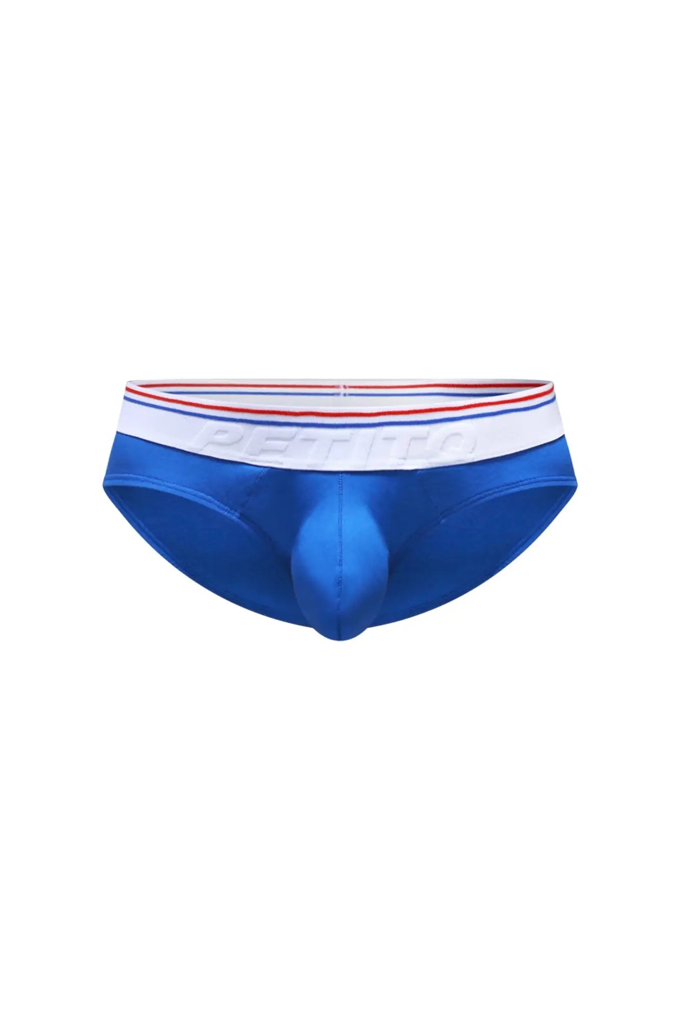 Blue men’s briefs petitq brief ball-lifter with white waistband and red blue stripes branded bettino embossed logo