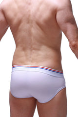 Petitq brief bovel white made of soft cotton with a red white and blue striped waistband visible from the front