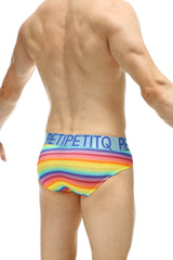 Rainbow-striped men’s briefs with a blue waistband branded petitetiq in petitq brief chill max andiol style