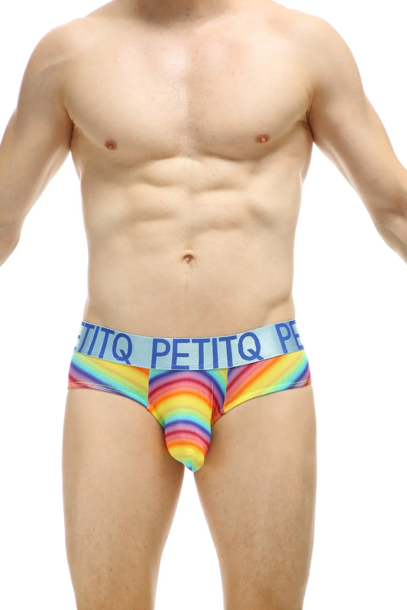 Rainbow-striped men’s briefs with light blue waistband and petitq logo in bold black from PetitQ Brief Chill Max Andiol