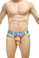 Rainbow-striped men’s briefs with light blue waistband and petitq logo in bold black from PetitQ Brief Chill Max Andiol