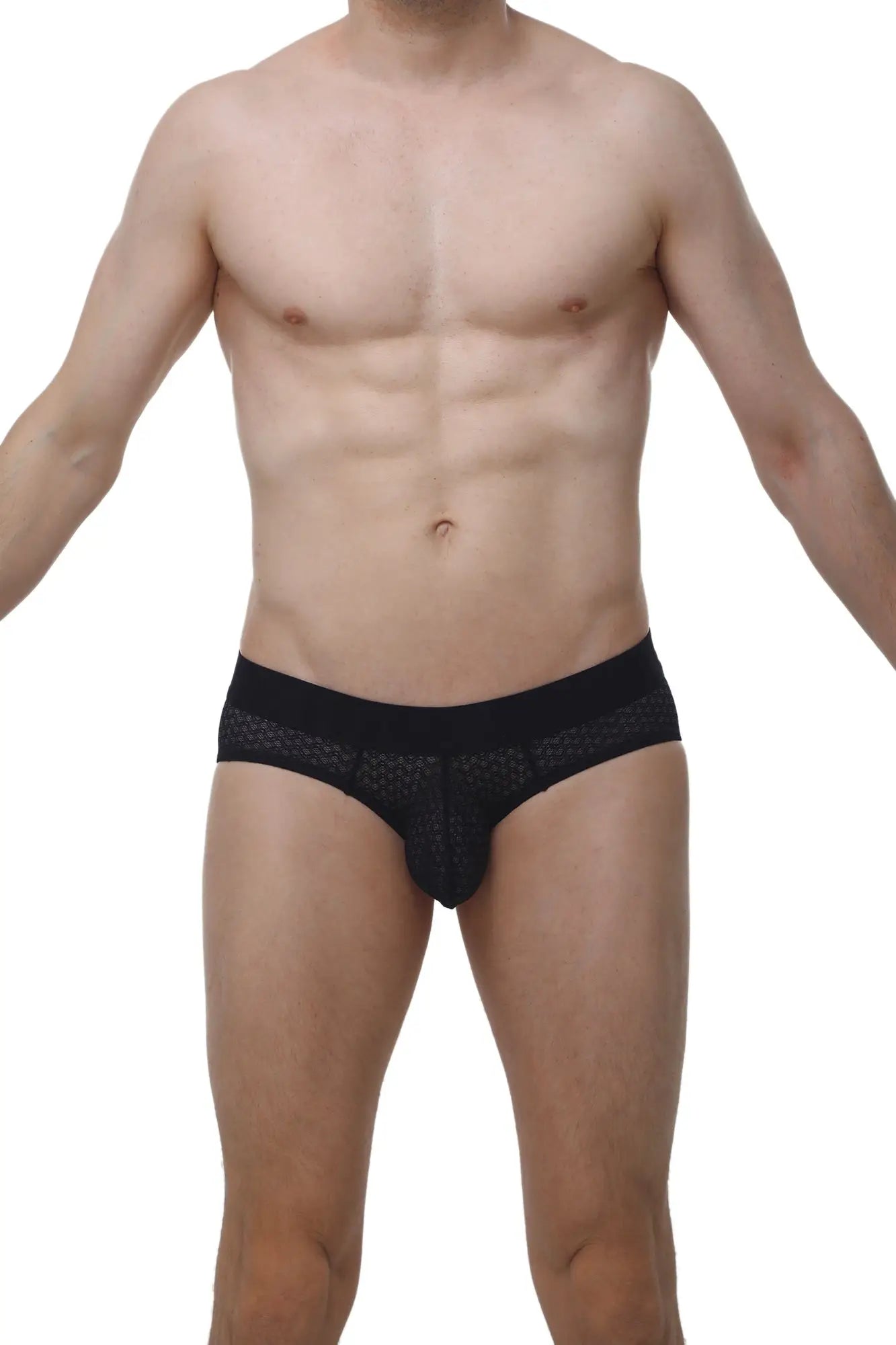 PetitQ Brief Dome Macra Black men’s briefs in black lace-trimmed breathable mesh fabric with textured design