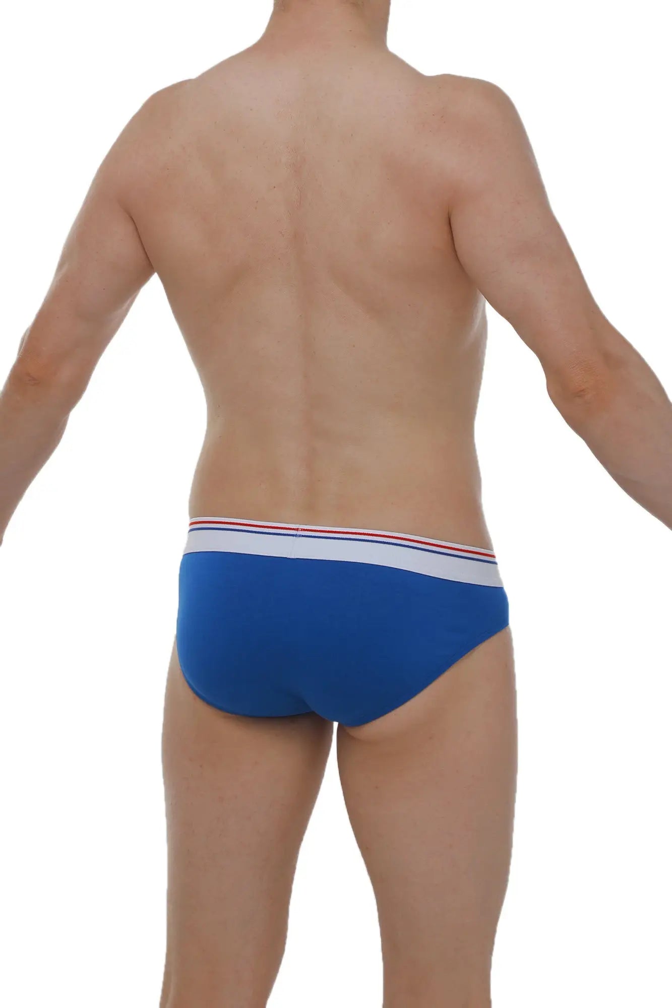 PetitQ brief dome modal blue men’s briefs in blue with white waistband featuring thin red and blue stripes