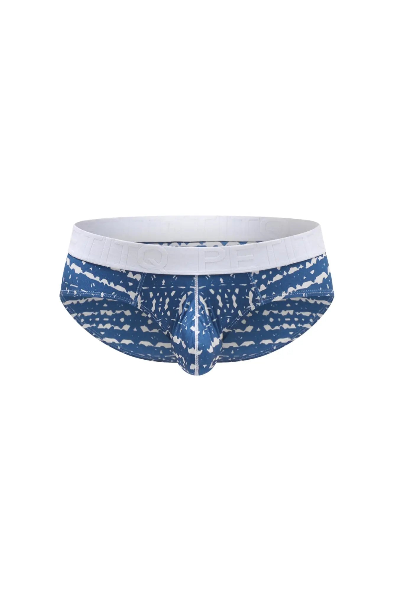 PetitQ Brief Dome New Denim men’s briefs in blue and white patterned fabric with a solid white waistband