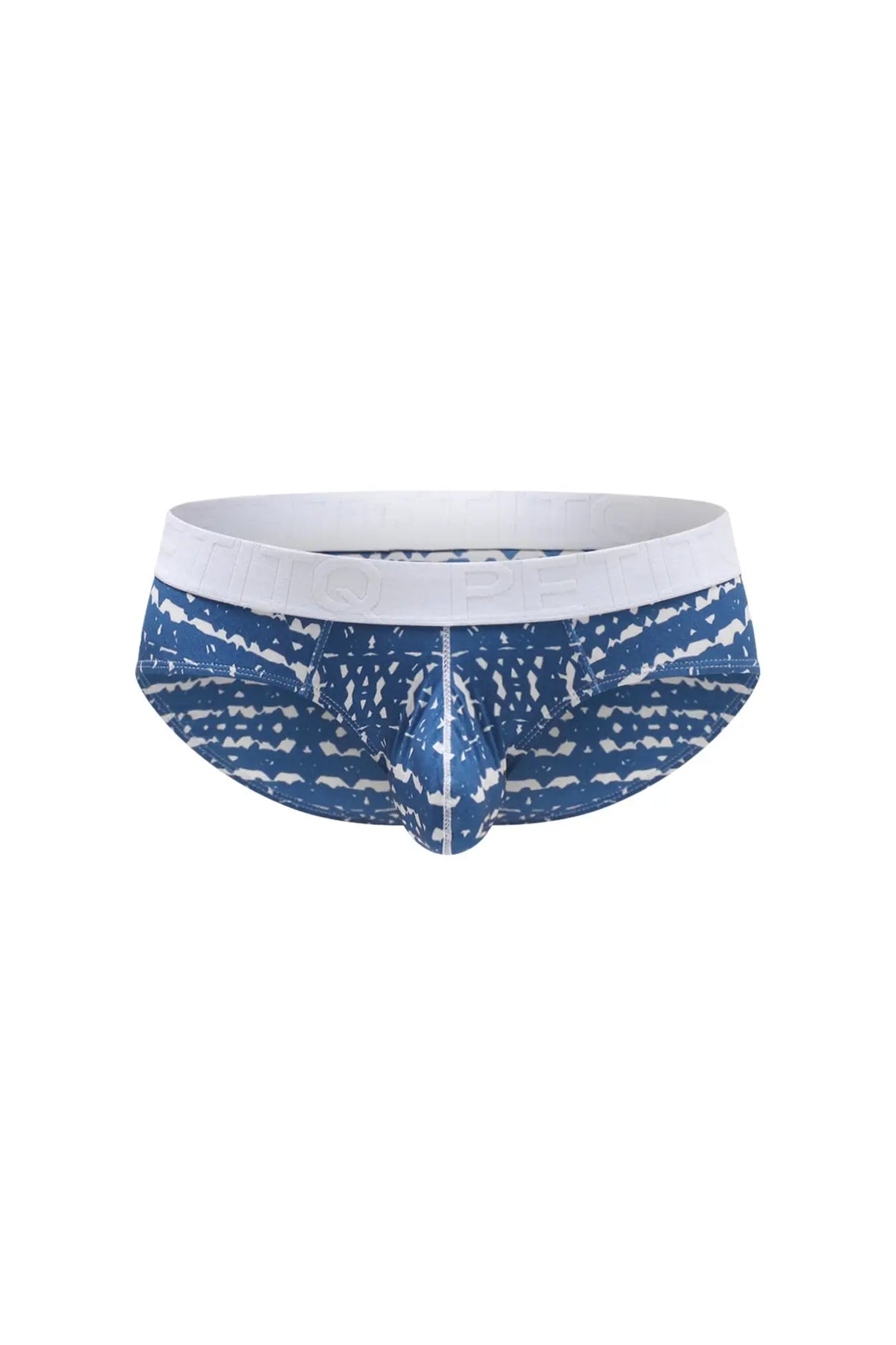 PetitQ Brief Dome New Denim men’s briefs in blue and white patterned fabric with a solid white waistband