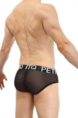 Black sheer mesh briefs with a black elastic waistband featuring white petitq lettering from the petitq brief double pouch sitges collection