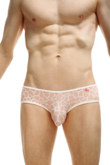 Pink giraffe-print men’s briefs with white trim from petitq brief glimpse giraffe collection