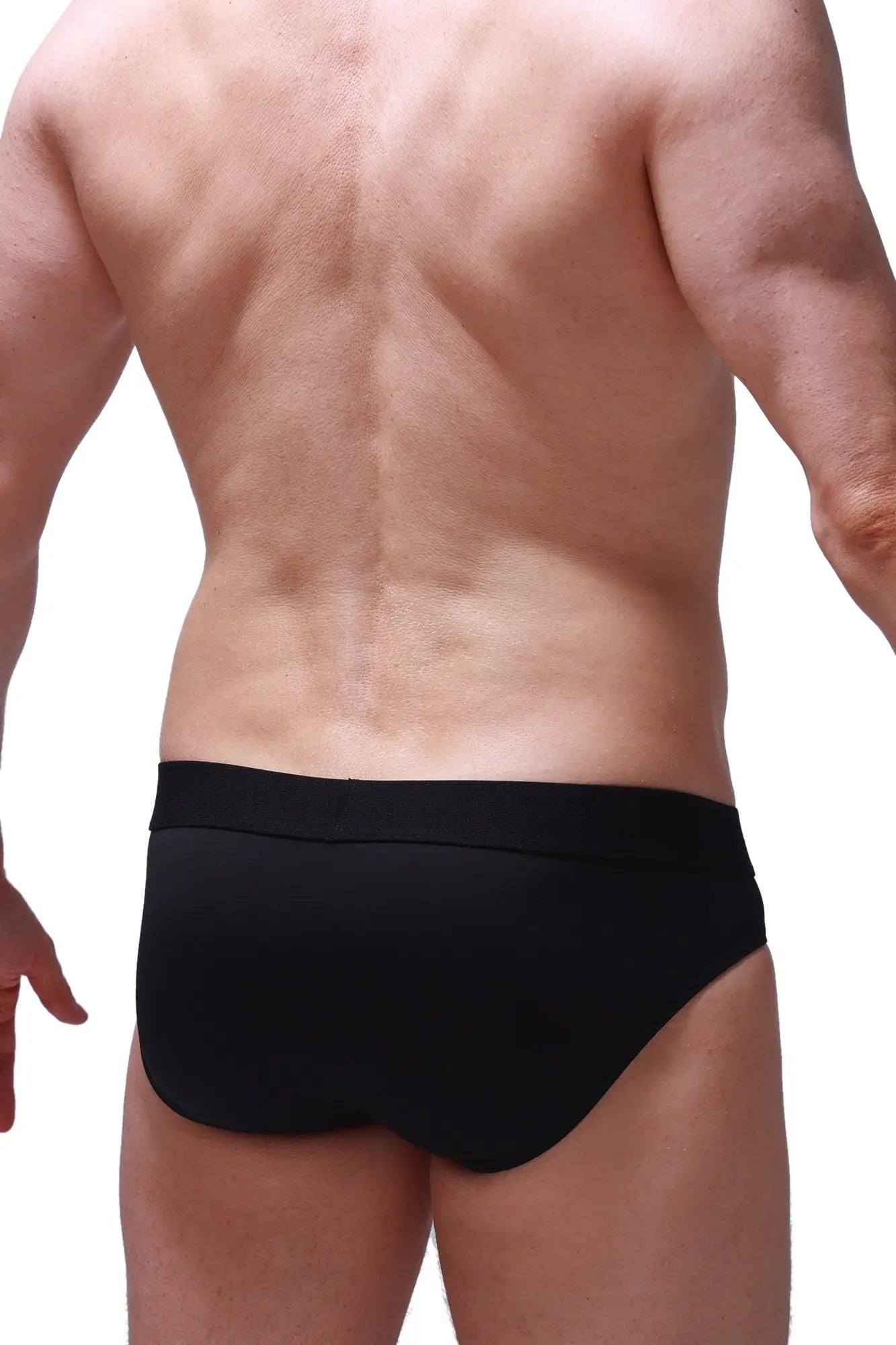 PetitQ brief hang black mens briefs in smooth form-fitting fabric with a snug waistband visible from front view