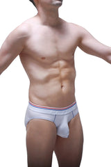 White men’s PetitQ brief hang modal briefs with a red white and blue striped waistband and dall branding