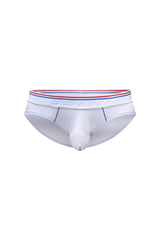 White mens briefs with a red white and blue striped waistband embossed with pentti brand name in modal fabric