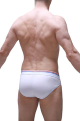 PetitQ brief hang modal white with white briefs and a thin red white and blue striped waistband visible from front