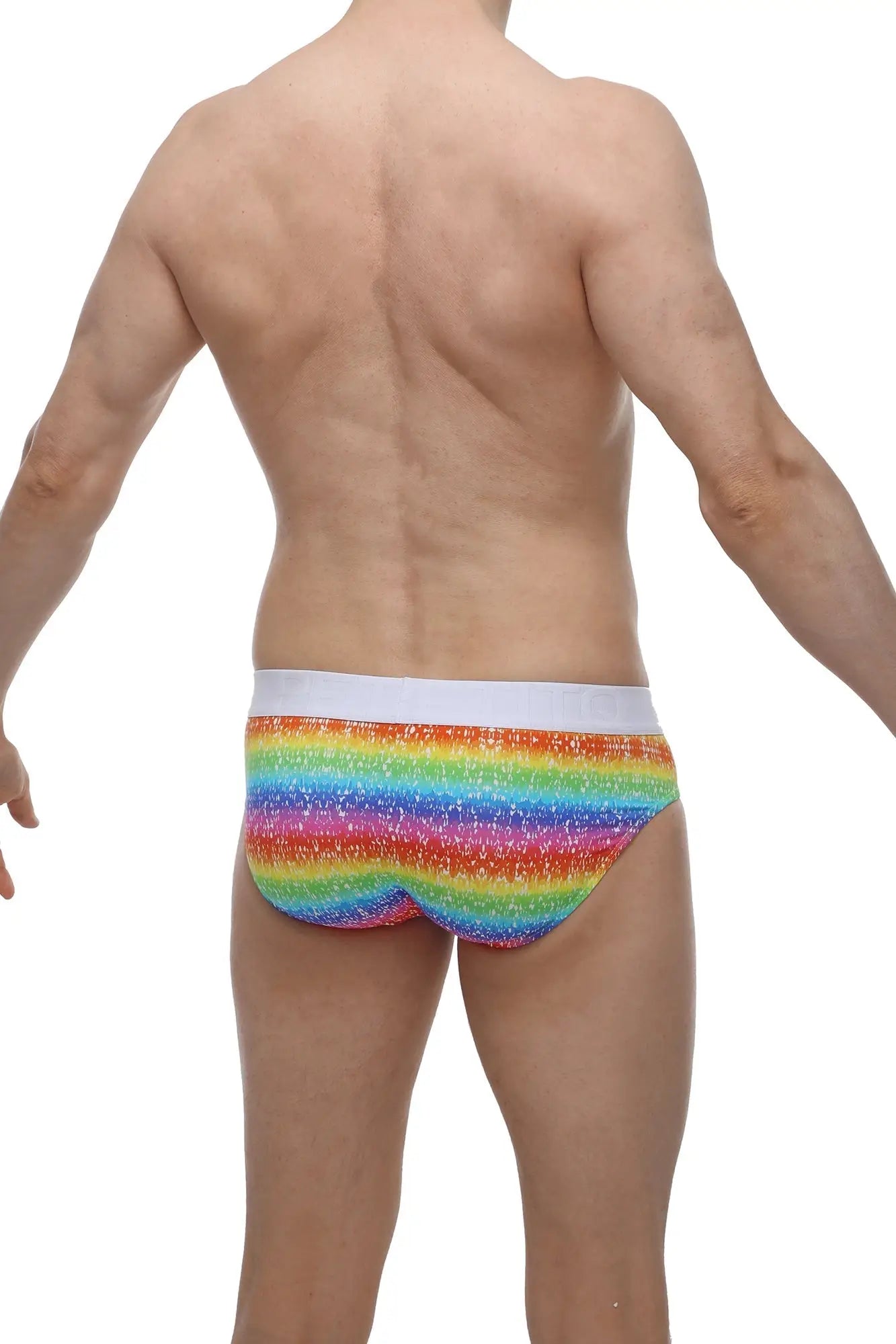 Rainbow-striped glittery men’s briefs with white waistband from PetitQ brief hang rainbow collection