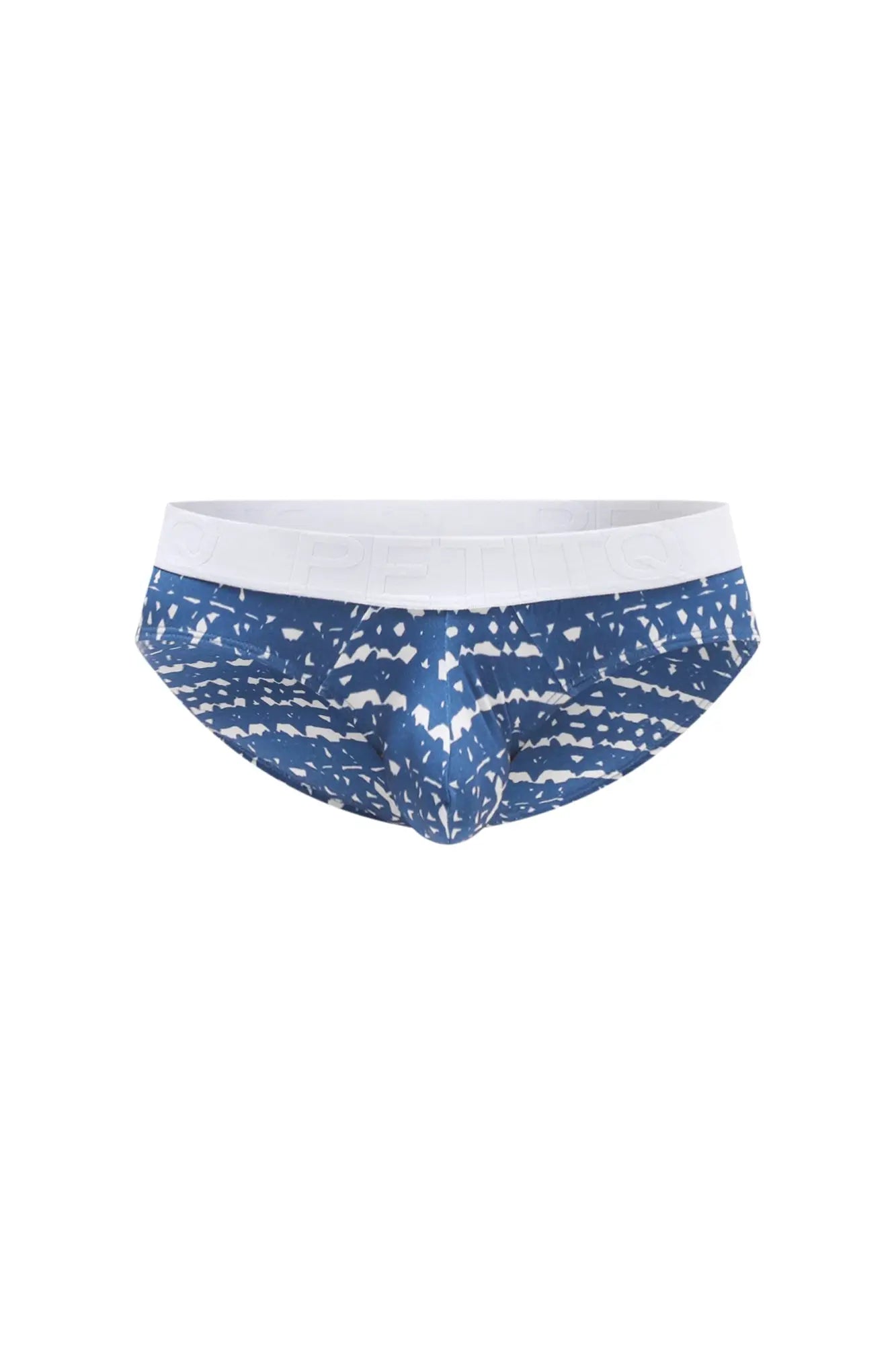 Blue and white patterned men’s briefs with solid white waistband from PetitQ brief Jans new denim collection
