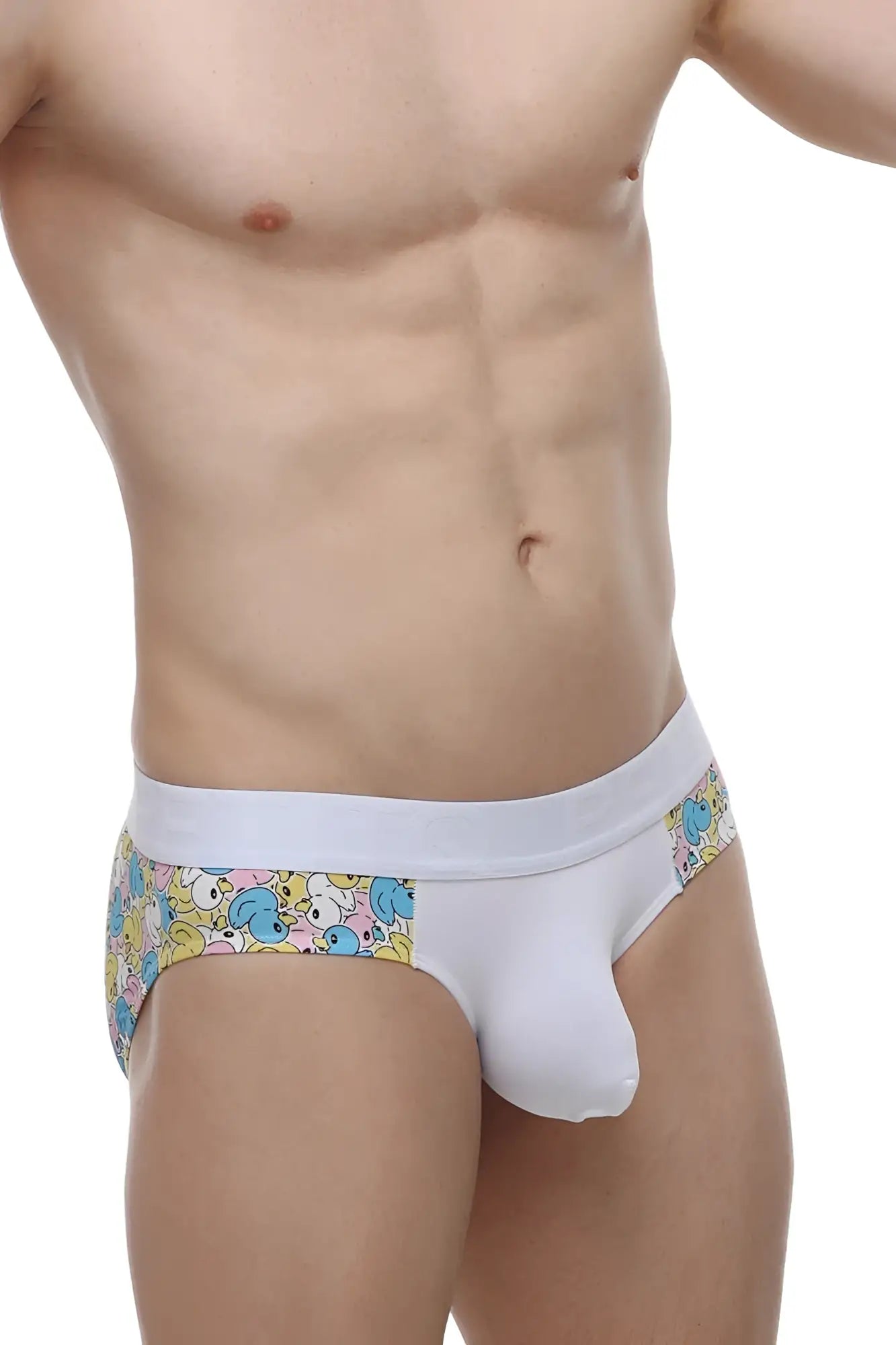 White petitq brief linay duckies with colorful blue and yellow cartoon characters on the sides