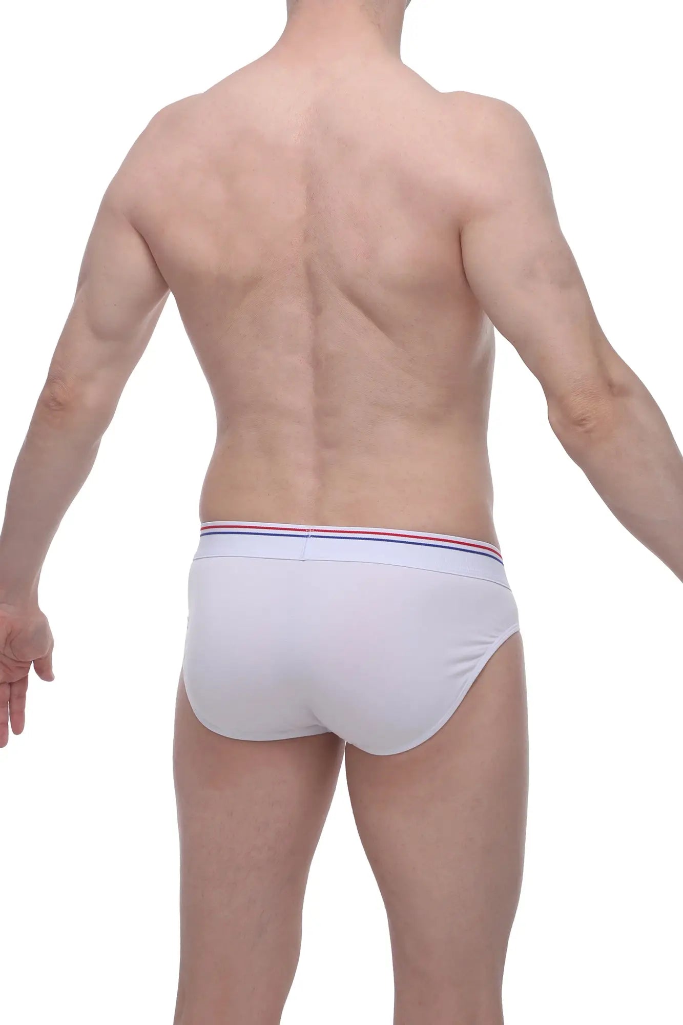 White petitq brief livet with thin elastic waistband featuring red white and blue stripes for comfortable wear