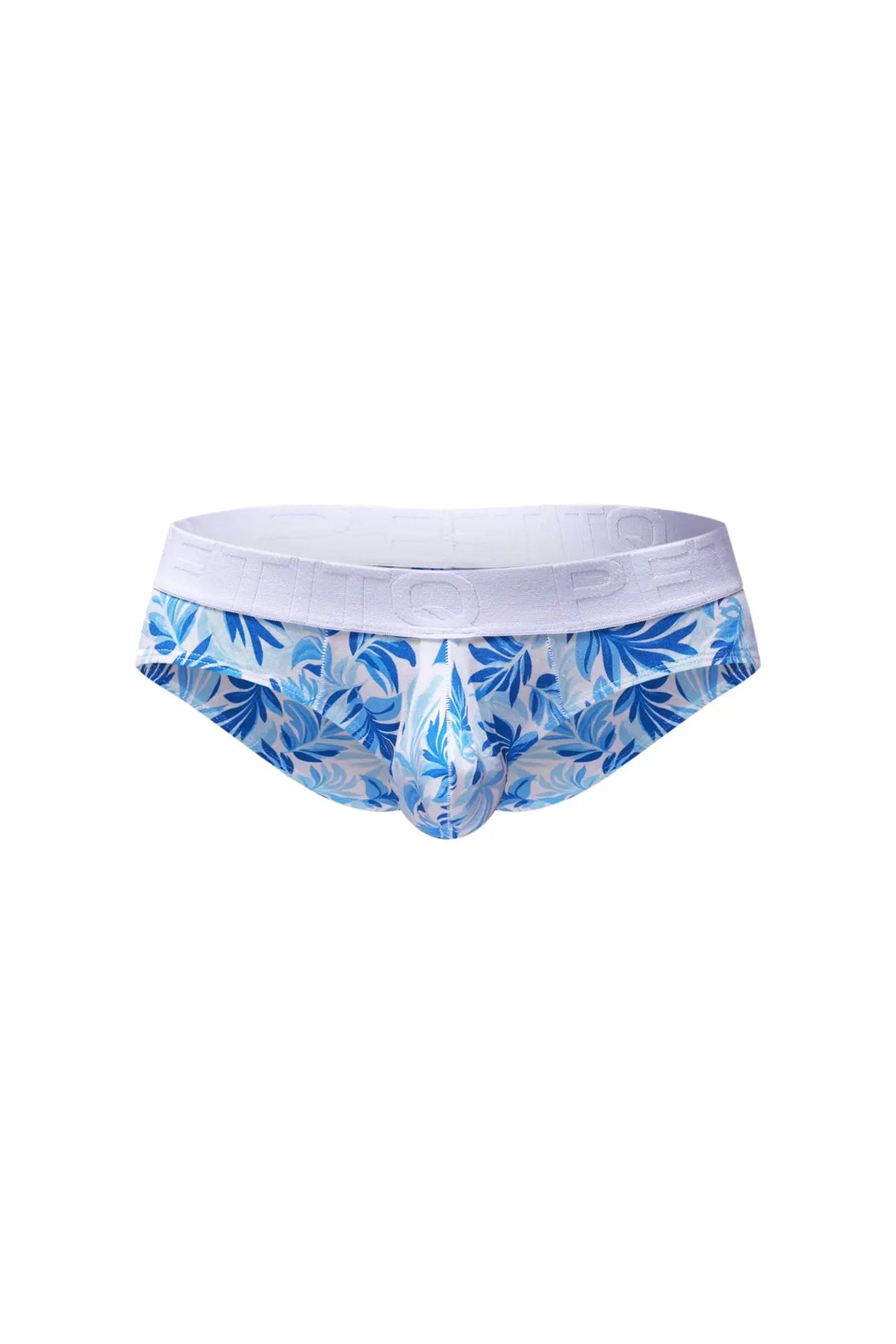 PetitQ brief mega bulge maeha in blue and white leaf-patterned fabric with a solid white waistband for men