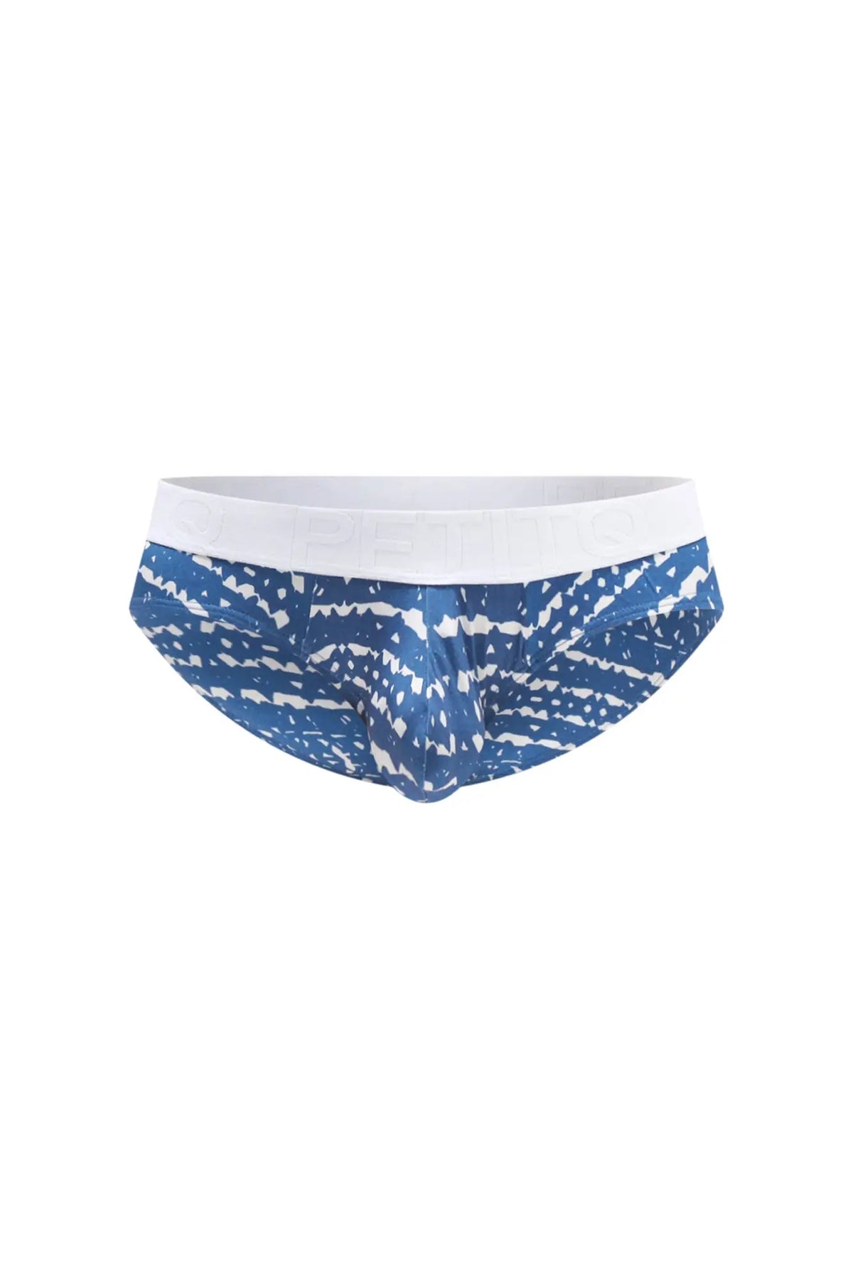 Blue and white patterned petitq brief mega bulge mens briefs with solid white waistband in denim material