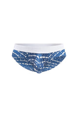 Blue and white patterned petitq brief mega bulge mens briefs with solid white waistband in denim material