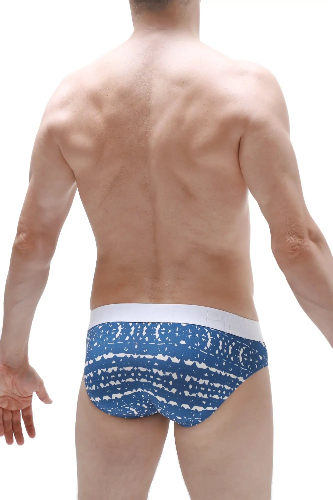 Petitq brief mega bulge new denim blue and white patterned men’s briefs with solid white waistband front view