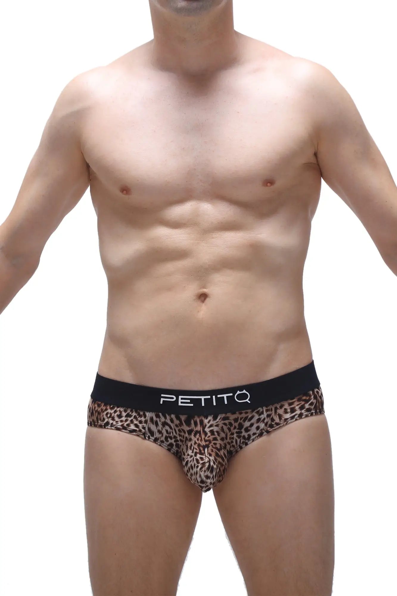 PetitQ brief Neure Panthere leopard print men’s briefs with black waistband featuring petitq brand name