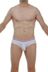 White petitq brief protruder modal with red white and blue striped waistband for comfortable everyday wear