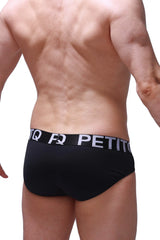 Black petitq briefs with a white logo band featuring a comfortable cotton blend for everyday wear