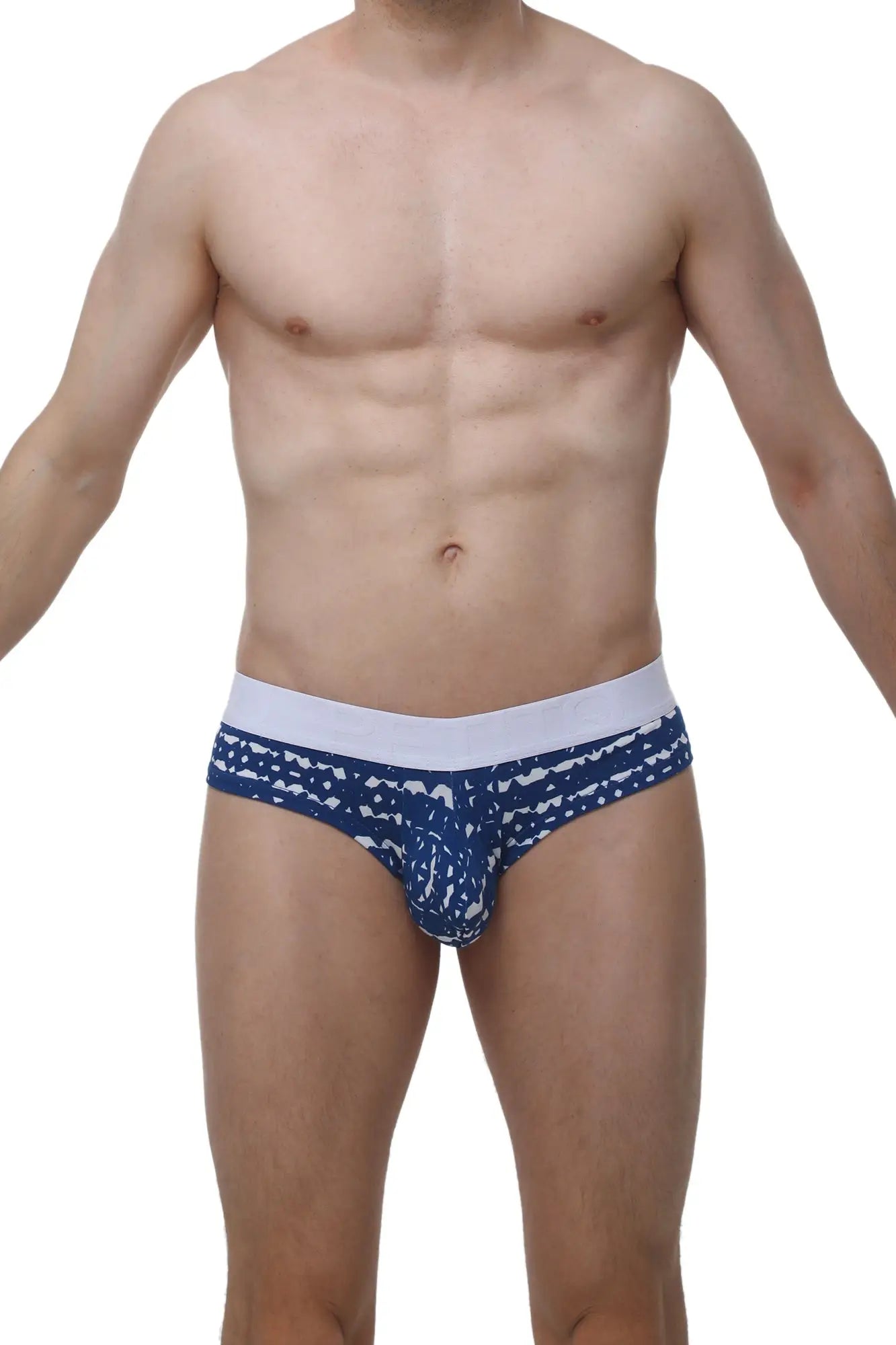 Petitq cheeky brief new denim men’s briefs with blue and white pattern and solid white waistband