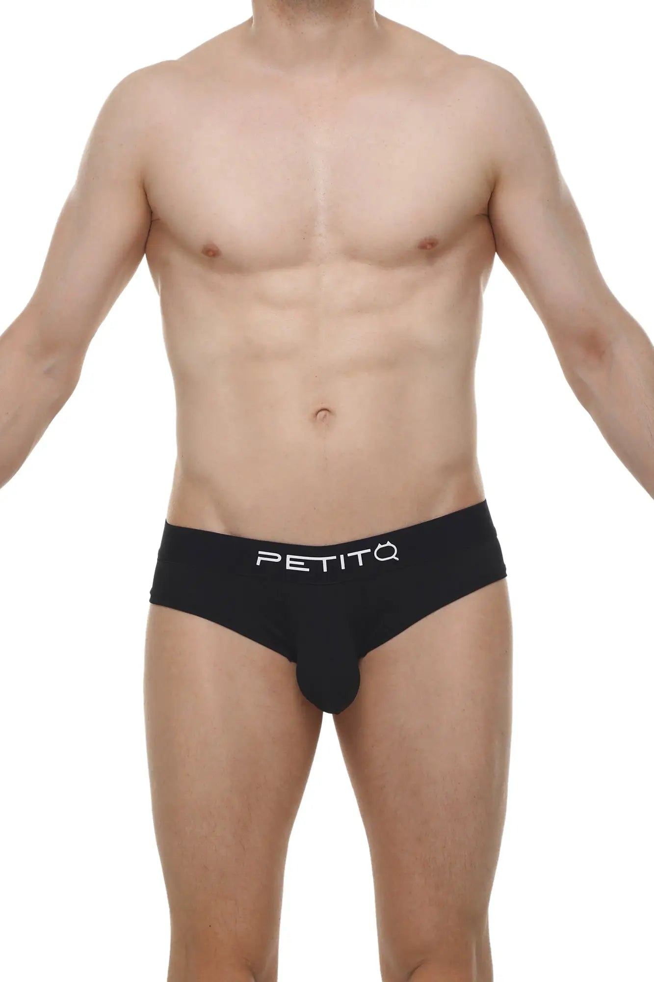 Black petitq men’s cheeky briefs with sleek form-fitting design and white logo branding in skine fabric