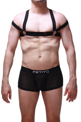 Black mesh briefs with petitq branded waistband featured in petitq chest harness louens black product image